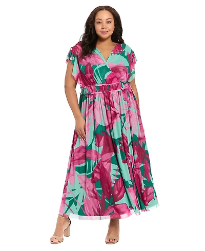 London Times Plus Flutter-Sleeve Surplice V-Neck Mesh Maxi dress