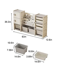 Rainsken 4-Tier Kids Bookshelf, Book Display Stand, Toy Storage Organizer with 8 Bins and 2 Cabinet for Playroom, Bedroom, Kids Room