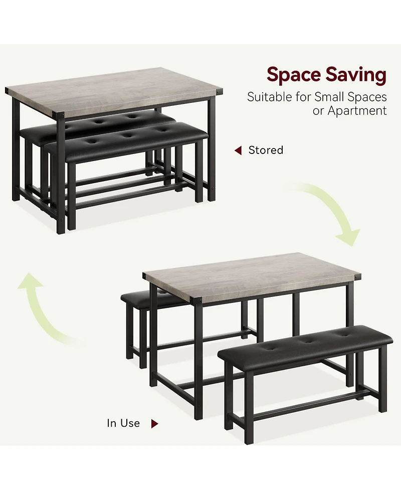 gaomon Dining Table Set for 4, Space Saving Kitchen Table with 2 Upholstered Benches, 3-Piece Industrial Dining Room Table Set