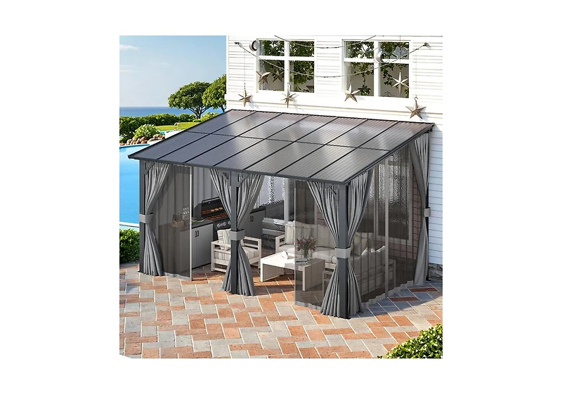 Aecojoy 14'x8' Wall Gazebo with Curtains and Mosquito Netting