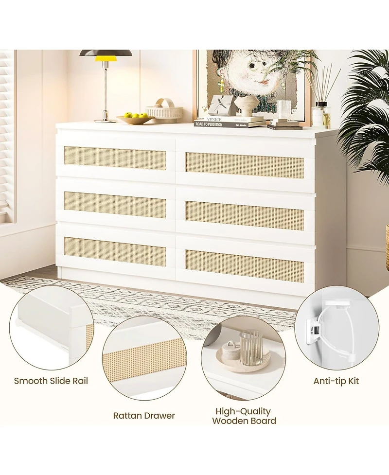 gaomon Rattan Dresser for Bedroom, Modern 6 Drawer Double Wide Wood Chest of Drawers Living Room, Hallway