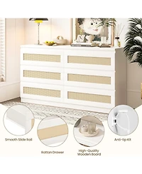 gaomon Rattan Dresser for Bedroom, Modern 6 Drawer Double Wide Wood Chest of Drawers Living Room, Hallway