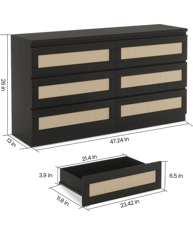 gaomon Rattan Dresser for Bedroom, Modern 6 Drawer Double Wide Wood Chest of Drawers Living Room, Hallway