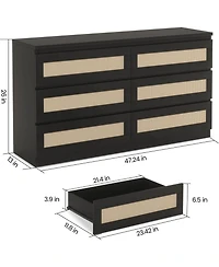 gaomon Rattan Dresser for Bedroom, Modern 6 Drawer Double Wide Wood Chest of Drawers Living Room, Hallway