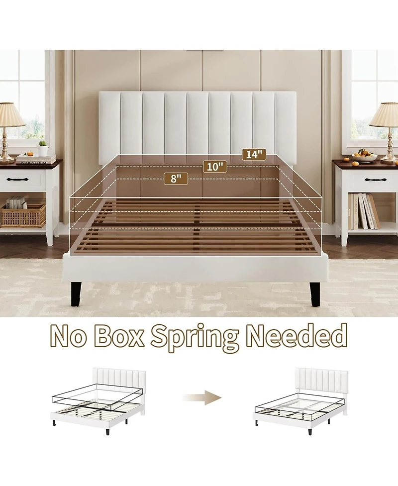 gaomon King Bed Frame, Velvet Upholstered Platform with Adjustable Vertical Channel Tufted Headboard, No Box Spring Needed, Easy Assembly