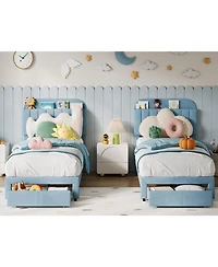 gaomon Kids Twin Bed Frame Set — Upholstered Platform Beds with Storage Drawer & Bookcase Headboard (2-Pack)