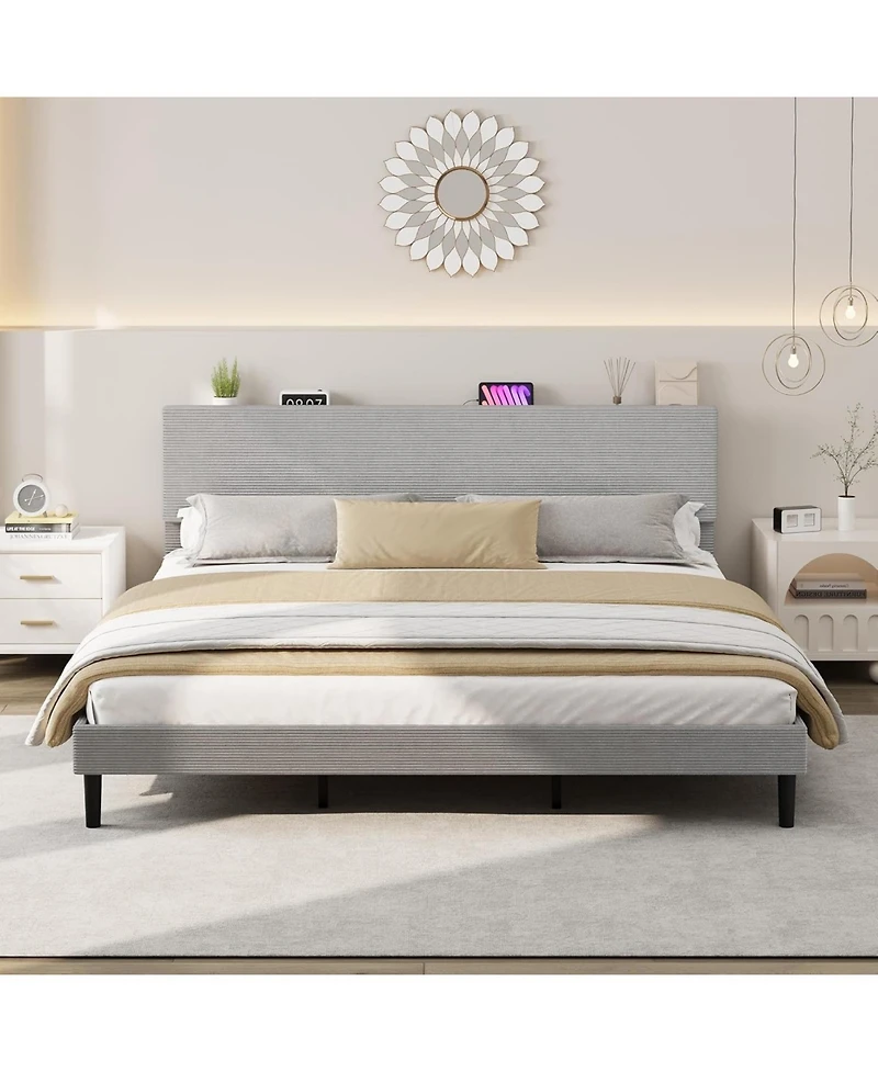 gaomon Bed Frame with Charging Station, Corduroy Upholstered Platform Bed Frame with Headboard and Storage Shelf, Solid Wood Slats