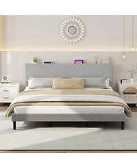 gaomon Bed Frame with Charging Station, Corduroy Upholstered Platform Bed Frame with Headboard and Storage Shelf, Solid Wood Slats