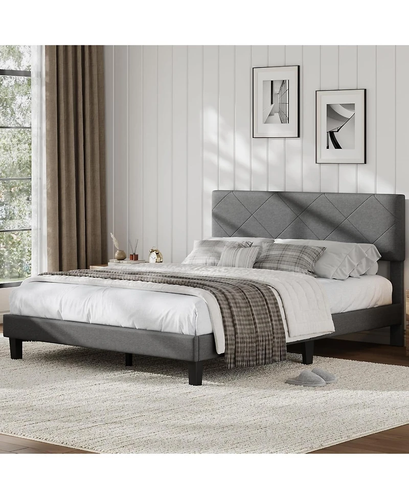 gaomon Noise-Free Upholstered Bed Frame – Queen Size Platform with Diamond Stitched Padded Headboard, Sturdy Wooden Slats, Easy Assembly