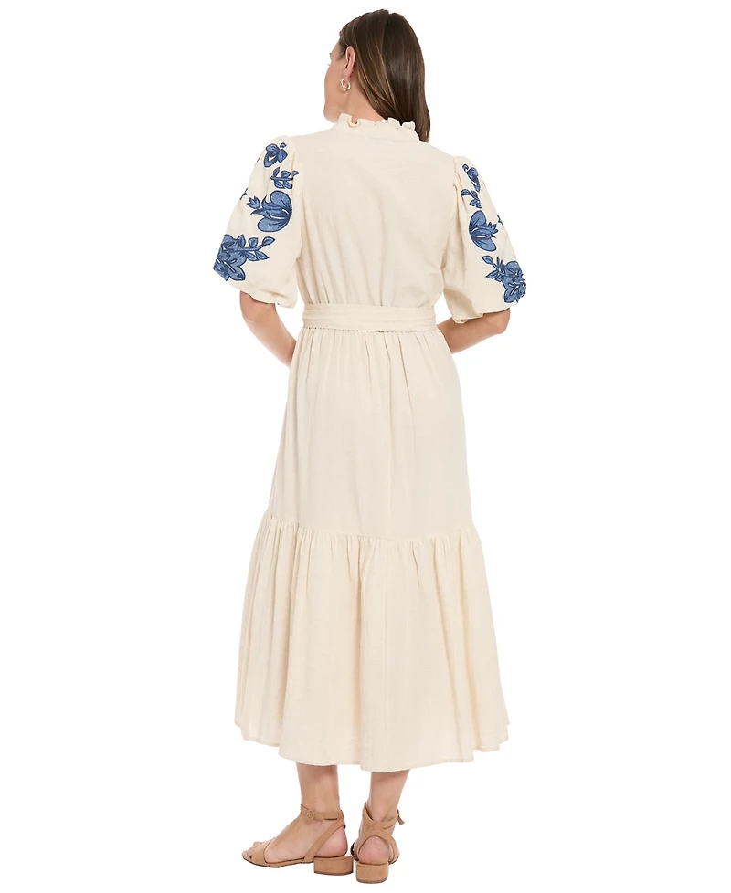 London Times Women's Ruffle Neck Bubble Embroidered-Sleeve Tiered Maxi Dress