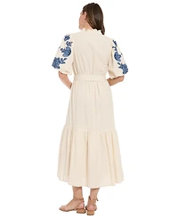 London Times Women's Ruffle Neck Bubble Embroidered-Sleeve Tiered Maxi Dress