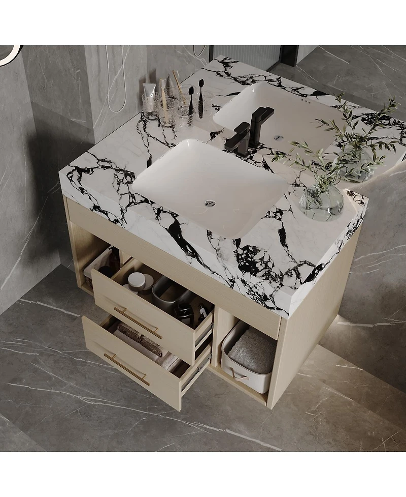 Sillysis 29.9" Floating Bathroom Vanity with Ceramic Sink, Sintered Stone Top, 2 Soft Close Drawers, Wall Mounted for Small Bathrooms