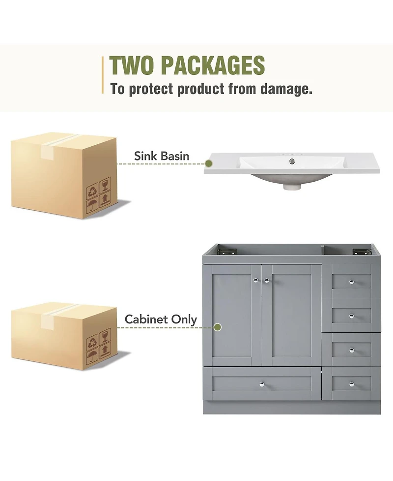 Sillysis 36" Shaker Bathroom Vanity with Resin Sink, 4 Soft Close Drawers & 2 Doors, Ample Storage for Modern Homes