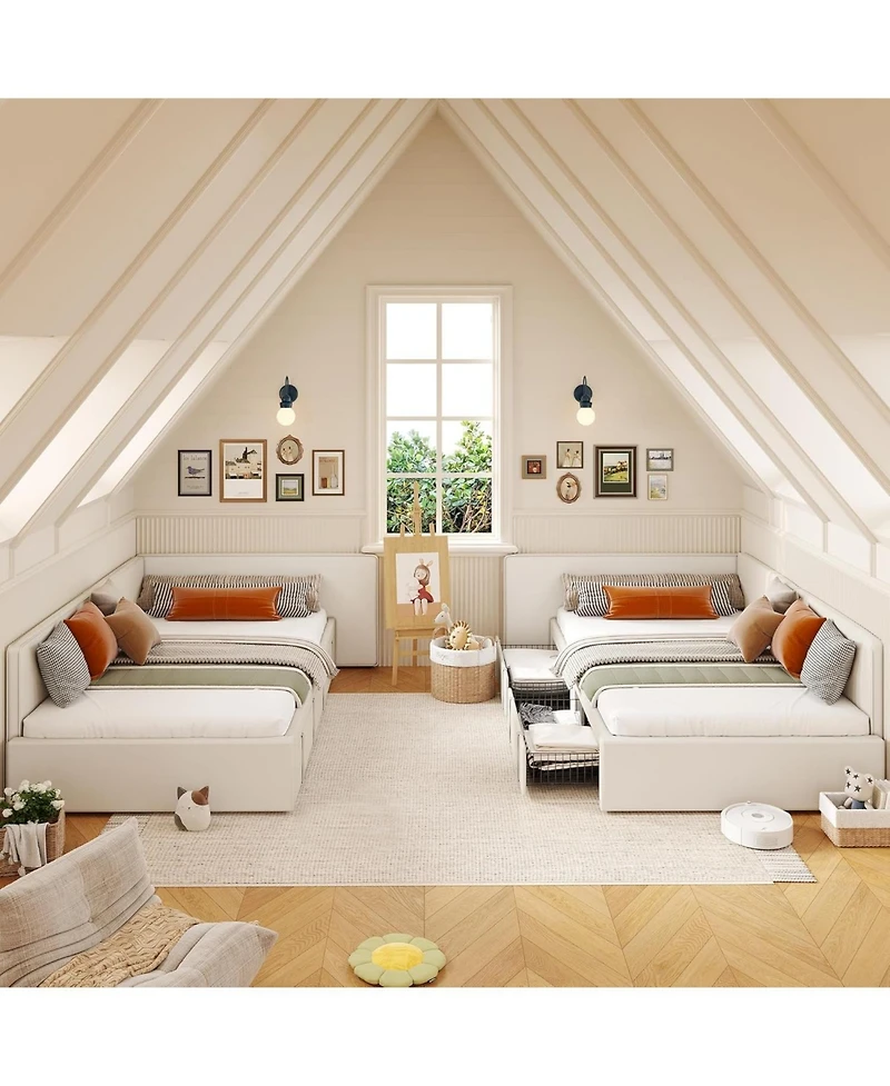 gaomon Daybed with Storage Drawers, Velvet Upholstered Corner Bed Frame, Adjustable Headboard & Guardrails