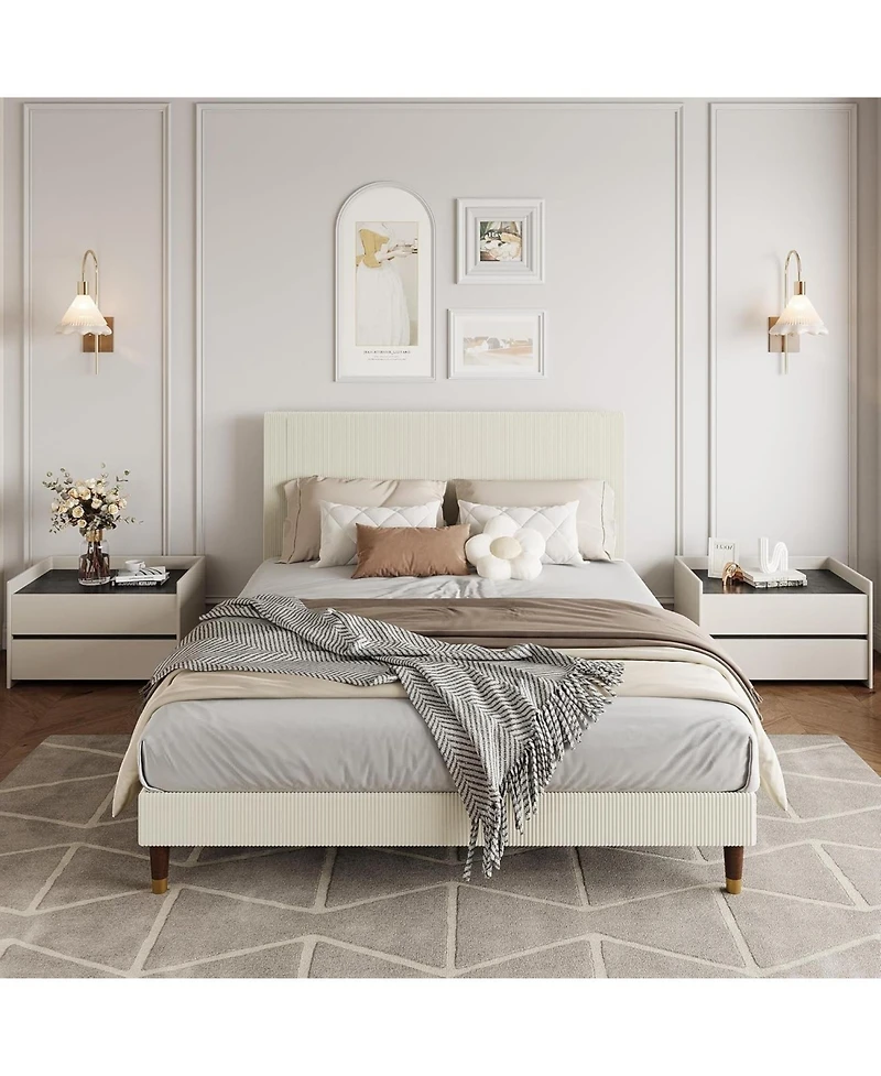 gaomon Full Upholstered Platform Bed Fabric Headboard Wooden Metal Slats Noise-Free Easy Assembly No Box Spring