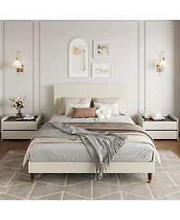 gaomon Full Upholstered Platform Bed Fabric Headboard Wooden Metal Slats Noise-Free Easy Assembly No Box Spring