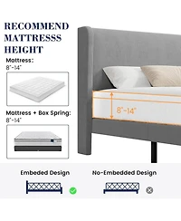 gaomon Full Upholstered Platform Bed Wingback Headboard Velvet 2 Storage Pockets Wooden Slat Support Box Spring Optional