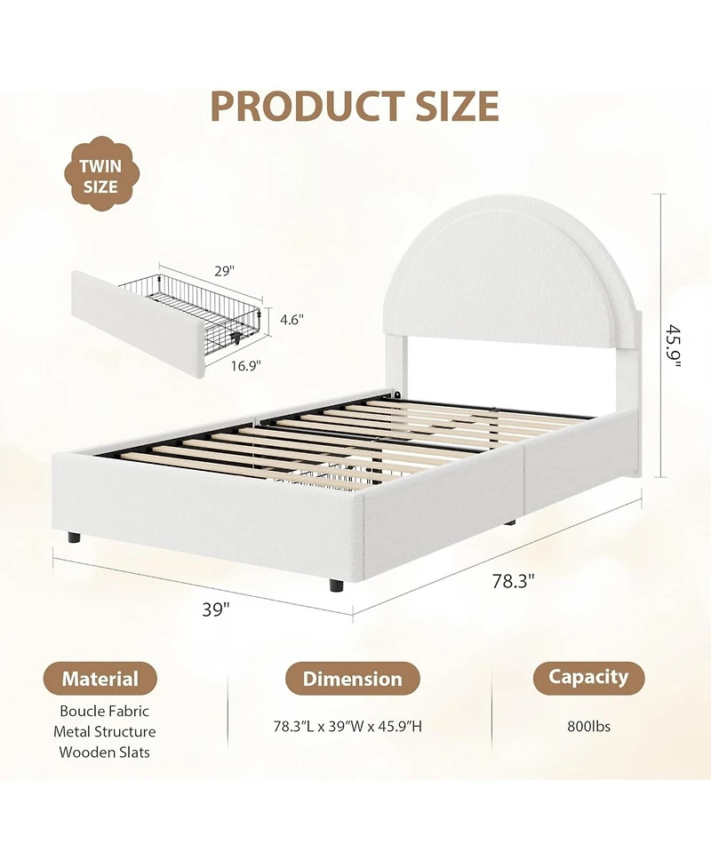 gaomon Size Bed Frame with Storage Drawers, Upholstered Boucle Platform Bed with Round Headboard, Heavy Duty & Noise Free