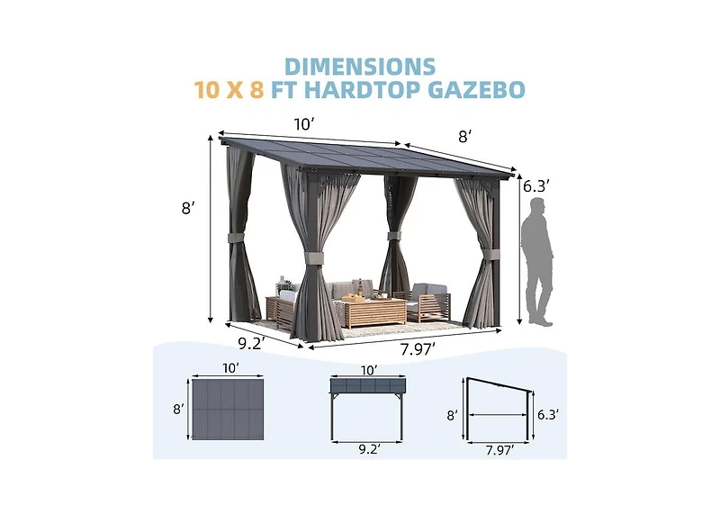 Aecojoy 10'x8' Wall Gazebo with Curtains and Mosquito Netting