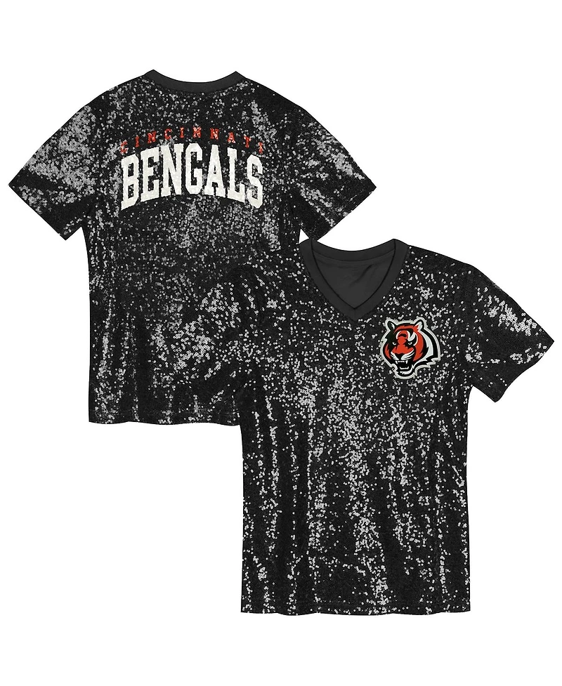 Outerstuff Big Girls Black Cincinnati Bengals Wordmark Sequin V-Neck Top