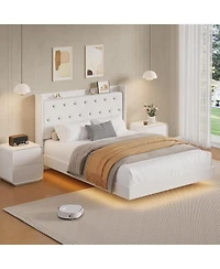 gaomon Bed Frame with Led Lights, Modern Wood Floating Bed Frame with Storage, Velvet Upholstered Headboard with Wingback