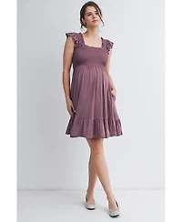 Hello Miz Maternity Empire Waist Cap Sleeve Smocked Dress with Ruffle Hem