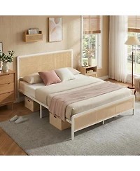 gaomon Size Rattan Bed Frame with Headboard, Modern Style Cane Boho Bed Frames with Heavy Duty Sturdy Steel Slat Support