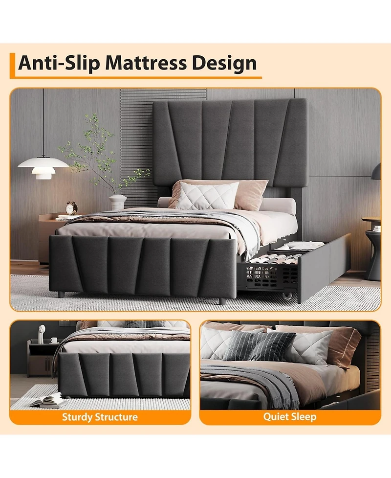gaomon Bed Frame with Adjustable Headboard and 4 Storage Drawers, Soft Upholstered Platform Bed Frames with Wooden Slats Support