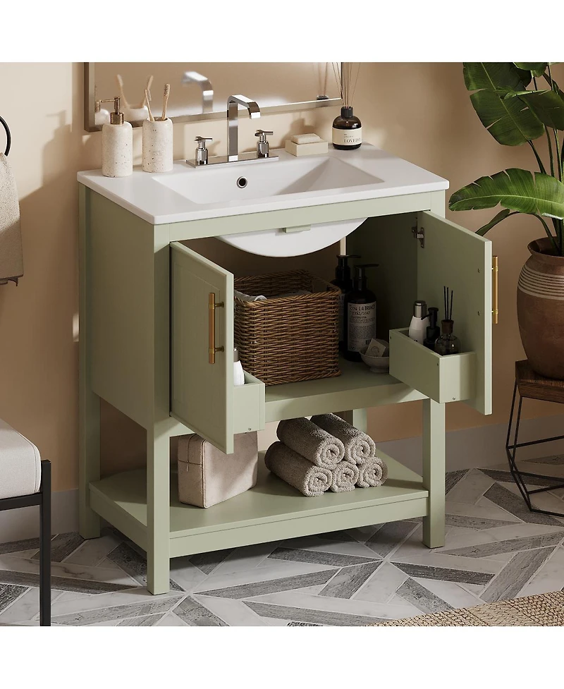Sillysis 30" Bathroom Vanity with Ceramic Sink, Soft Close Doors & Open Shelf, Space-Saving Storage for Small Bathrooms