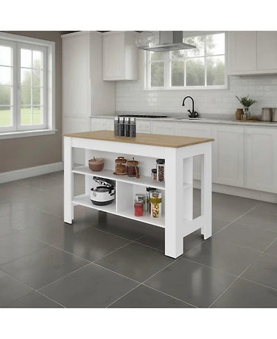 Fm Furniture Yoder Kitchen Island with Open Storage Shelves for Home Organization