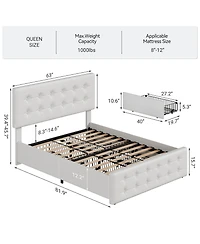 gaomon Queen Bed Frame 4 Storage Drawers Linen Upholstered Headboard Wooden Slats No Box Spring Button Tufted