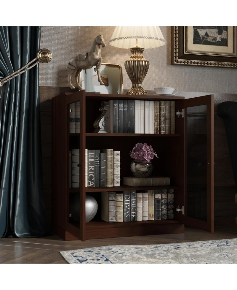 Palace Imports Premium 100% Solid European Oak Hardwood 3-Shelf Modular Bookcase with Tinted Glass Doors
