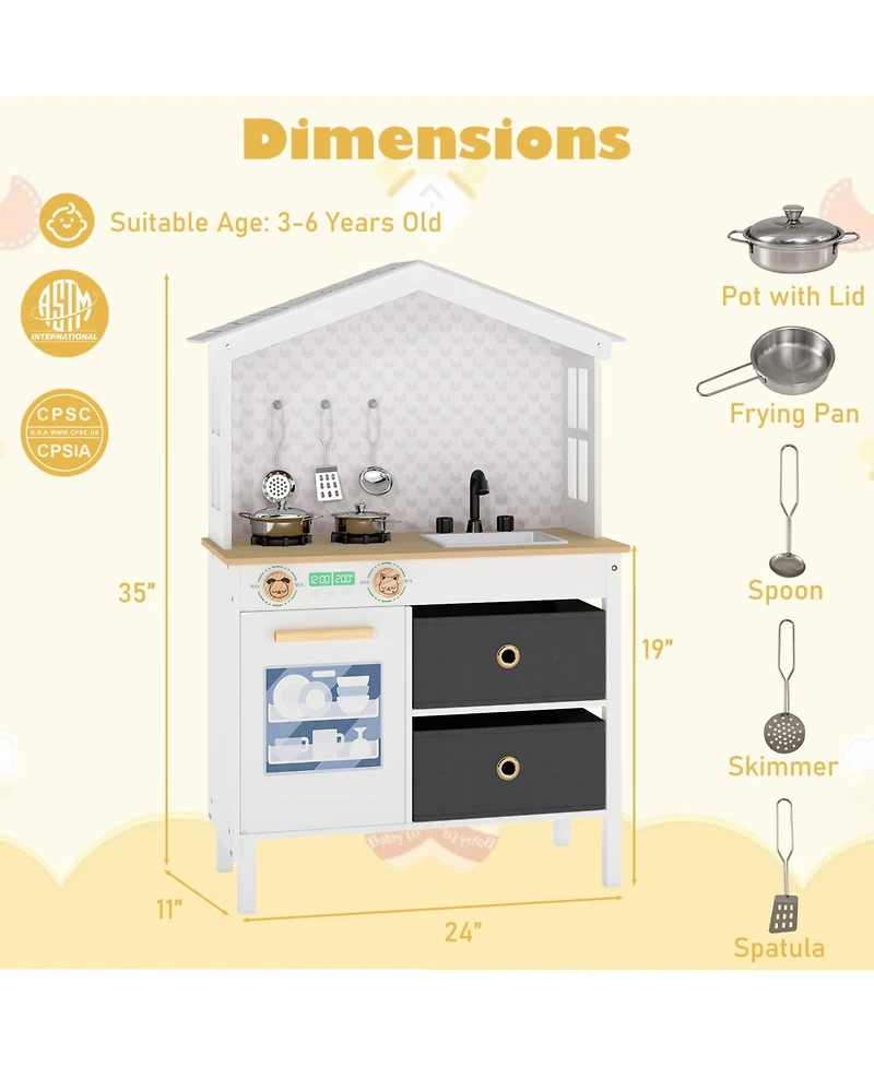 Mecale Kids Play Kitchen Toy with 2 Stoves & Rotating Knobs, Wooden Pretend Play Set