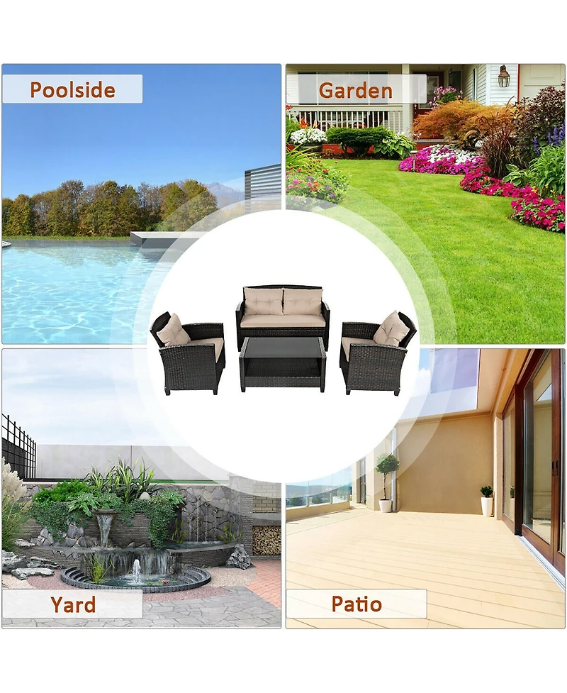 Costway 4PCS Outdoor Rattan Furniture Set Cushioned Sofa Armrest Chair Lower Shelf