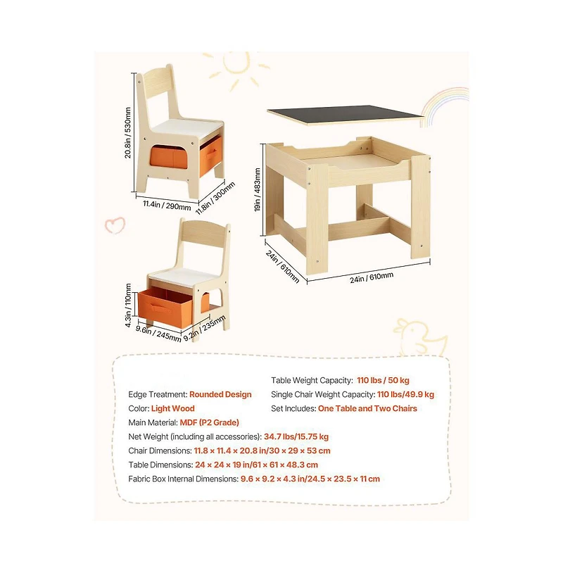 Slickblue Kids Table and 2 Chairs Set with Under Table Storage