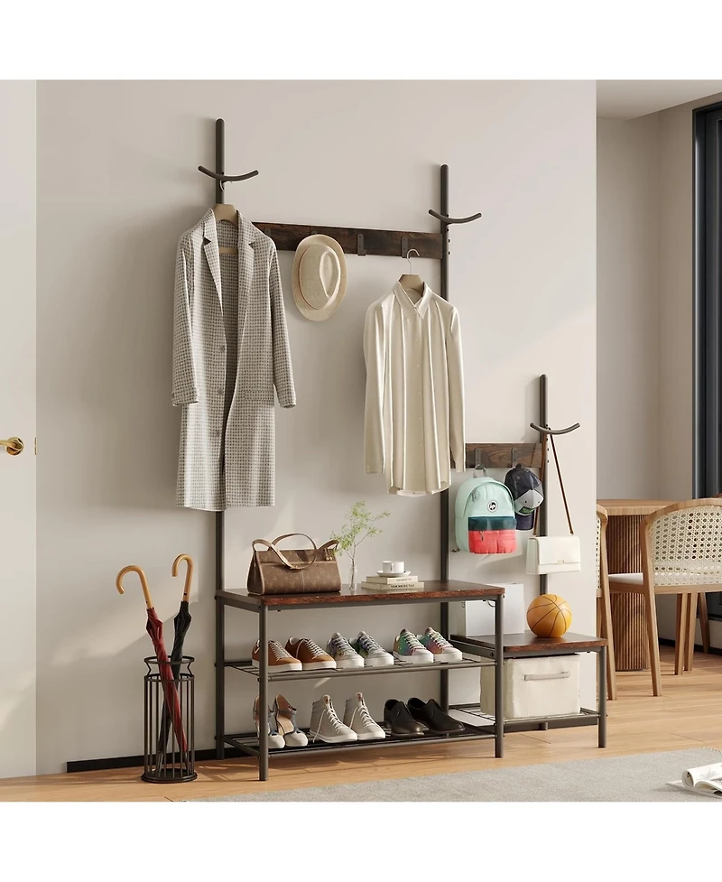 Rainsken Coat Rack with Shoe Storage Bench with High and Low Seat Design and 6 Hooks for Entryway, Hallways