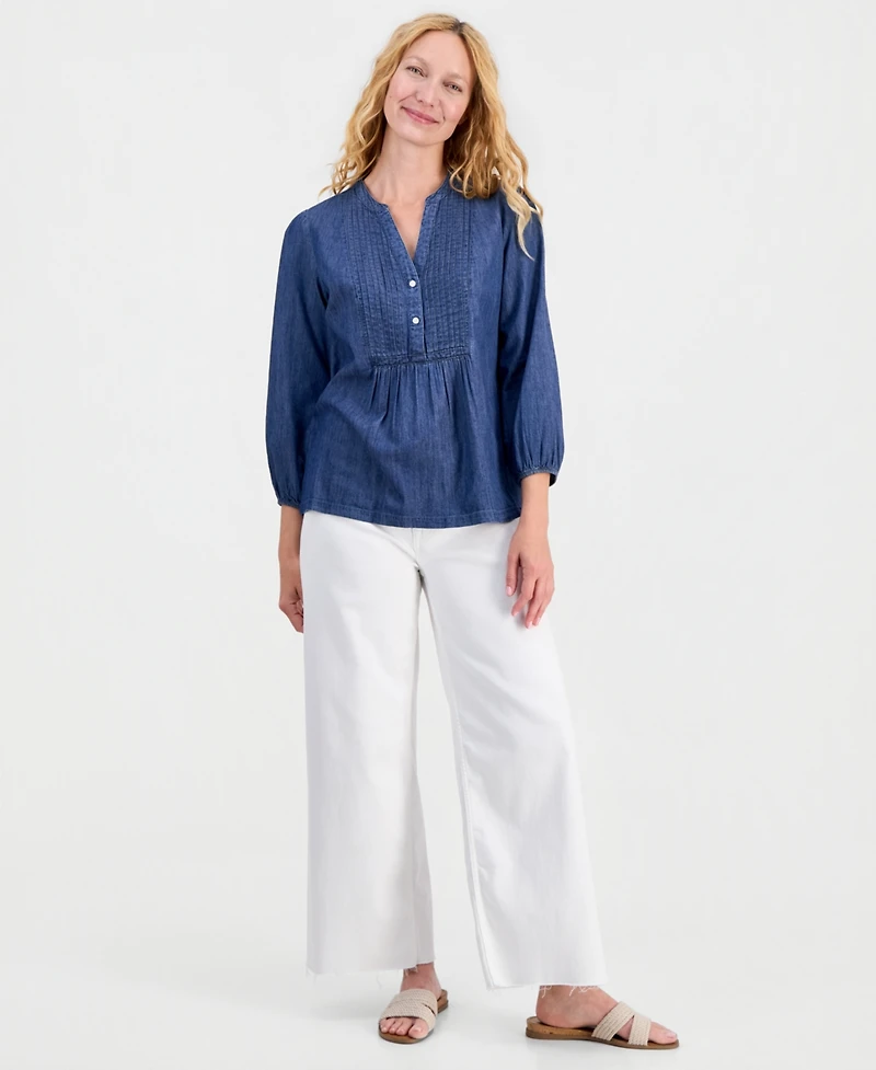 Nautica Women's Chambray Pintuck Popover Blouse