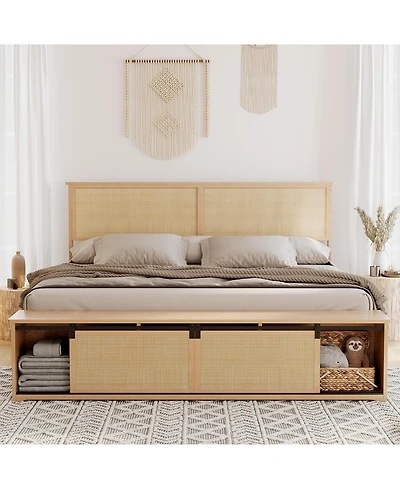 gaomon King Size Rattan Bed Frame-Sliding Barn Door Storage-led Light Headboard-Boho Farmhouse-No Box Spring Needed