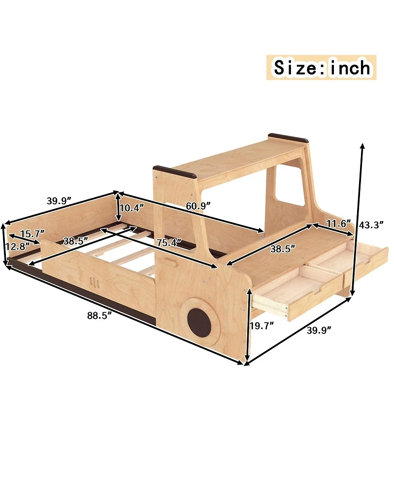Streamdale Furniture Twin Size Car-Shape Floor Bed with Storage Drawers and Desk