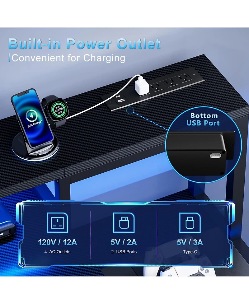 Homlux 61" Modern Computer Lap Desk Table w/Storage Drawer, Monitor Stand, Charging Station, Side Pocket