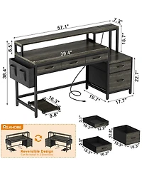 Homlux 61" Modern Computer Lap Desk Table w/Storage Drawer, Monitor Stand, Charging Station, Side Pocket
