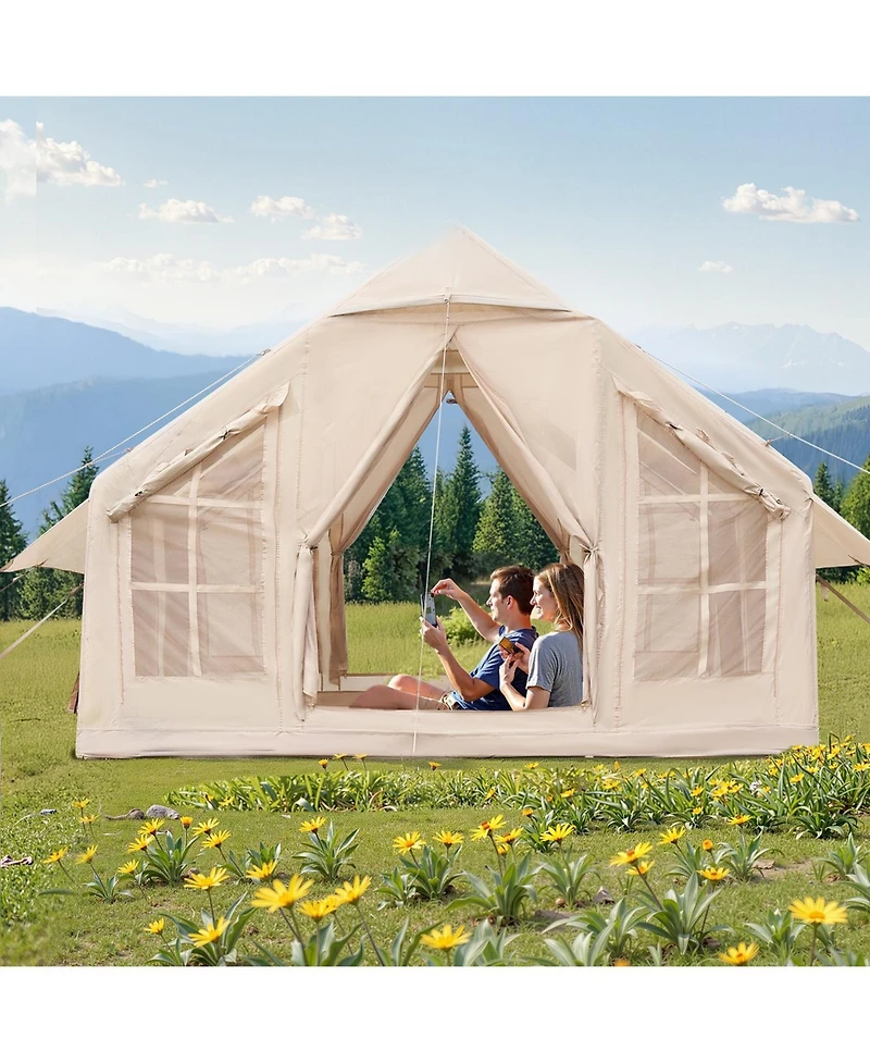 Mecale Inflatable Camping Tent, 4-6 Person, Hand Pump Included, 300D Oxford 4-Season Tent with Stove Jack, 2 Doors, 4 Mesh Windows