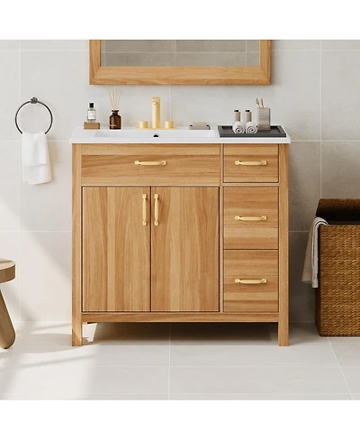 Sillysis 36 Inch Wood Bathroom Vanity with Ceramic Sink, Solid Wood Frame, Soft Close Storage Drawers for Small Bathrooms