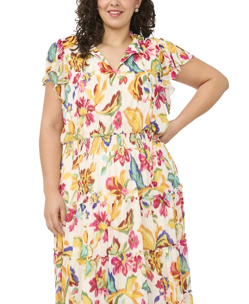 Msk Plus Size Flutter-Sleeve Tiered Split-Tie Neck Maxi Dress