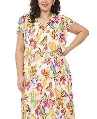 Msk Plus Size Flutter-Sleeve Tiered Split-Tie Neck Maxi Dress