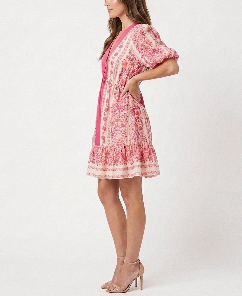 Taylor Petite Printed V-Neck Puff-Sleeve Ruffled-Hem Dress