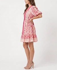 Taylor Petite Printed V-Neck Puff-Sleeve Ruffled-Hem Dress