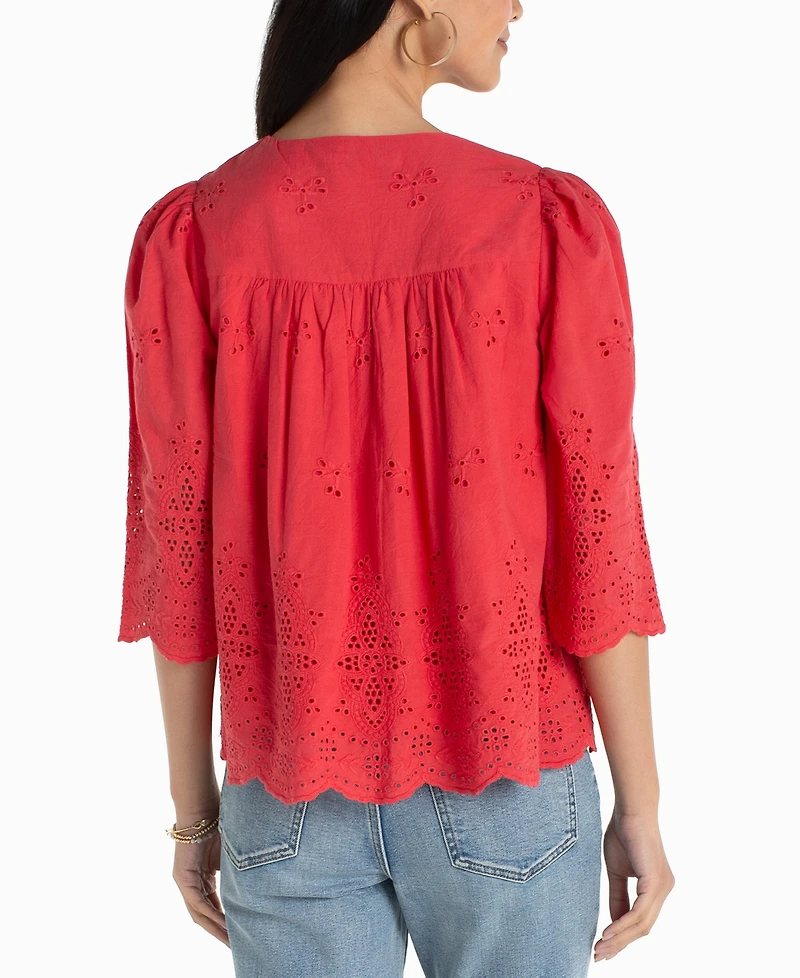 Liverpool Los Angeles Petite V-Neck Eyelet Woven Top