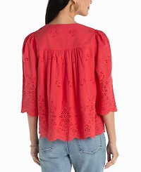 Liverpool Los Angeles Petite V-Neck Eyelet Woven Top