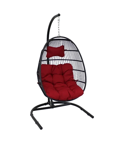 Outdoor Resin Wicker Patio Julia Hanging Basket Egg Chair Swing with Cushions, Headrest, and Steel Stand Set - 3pc